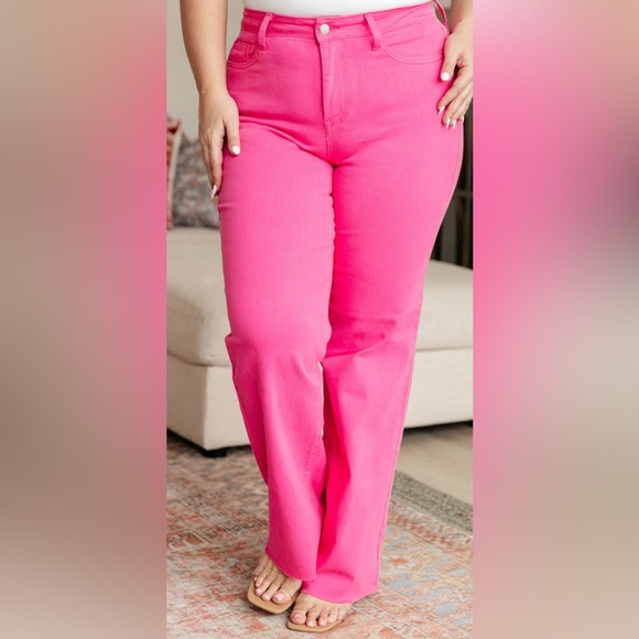 Judy Blue Denim - Judy Blue Size 24W High Waist Hot Pink Jeans Straight Leg Raw Hem Stretchy Comfy